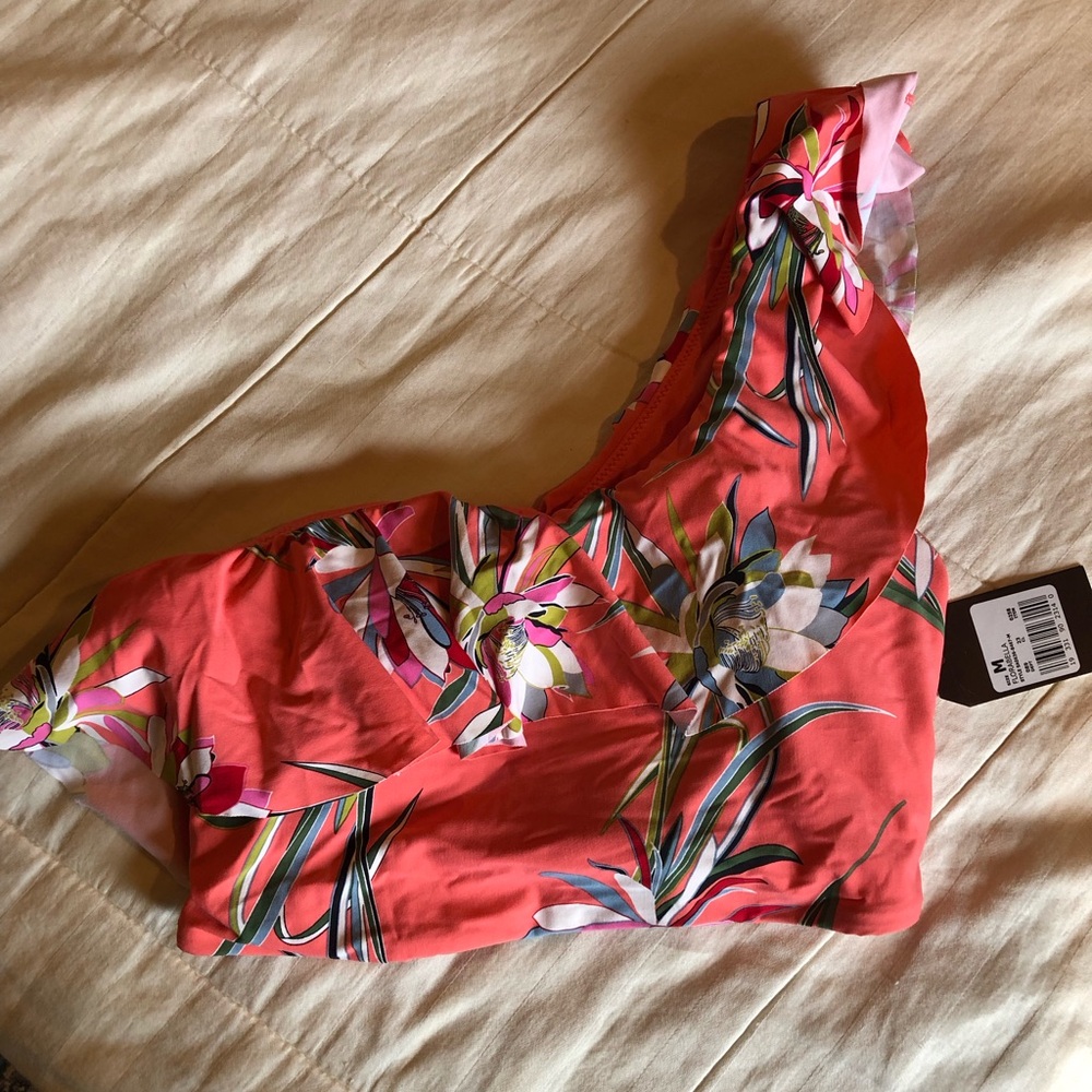 Floral One-Shoulder Coral Bathing Suit Top